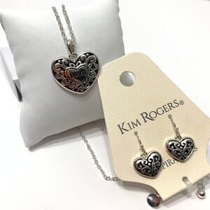Kim Rogers Lovely Silvery Set Heart Earring and Necklace New No box Great Gift
